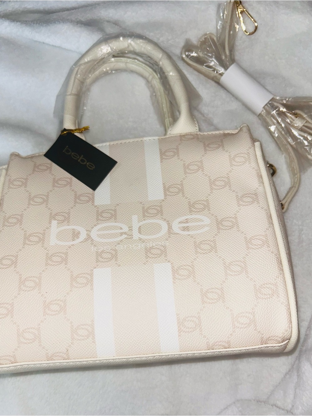 bebe Cream Logo Satchel with White Stripes